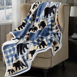 New Black Bear Plaid Flannel Luxury Sherpa Gift Fleece Throw Blanket Cabin Decor